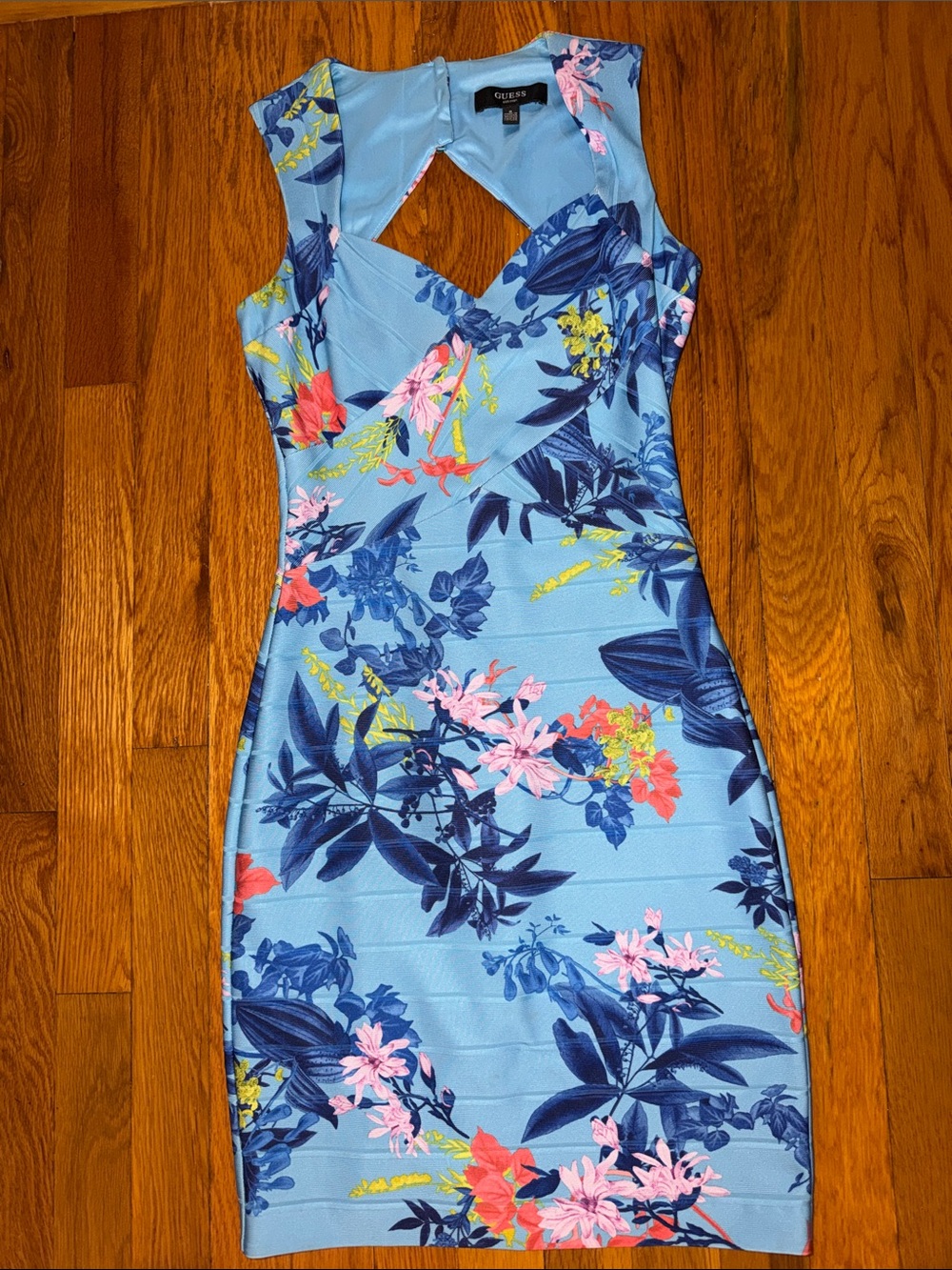 Guess Blue Floral Midi Dress with Navy and Pink Accents